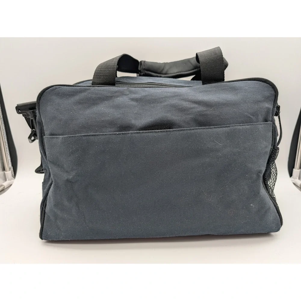 Eddie Bauer Navy Blue Canvas Diaper Bag Messenger Travel Tote Tan Trim Pockets
